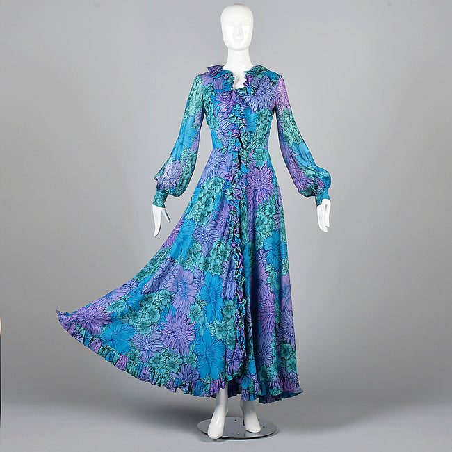 1960s La Mendola Silk Maxi Dress in a Blue Floral Signature Print