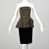 Small 1980s Nipon Black Strapless Party Dress Peplum with Gold Swirl