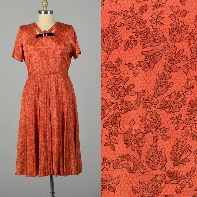 XXL 1950s Dress Short Sleeve Volup Orange Cocktail Autumn Black Floral Lace Print