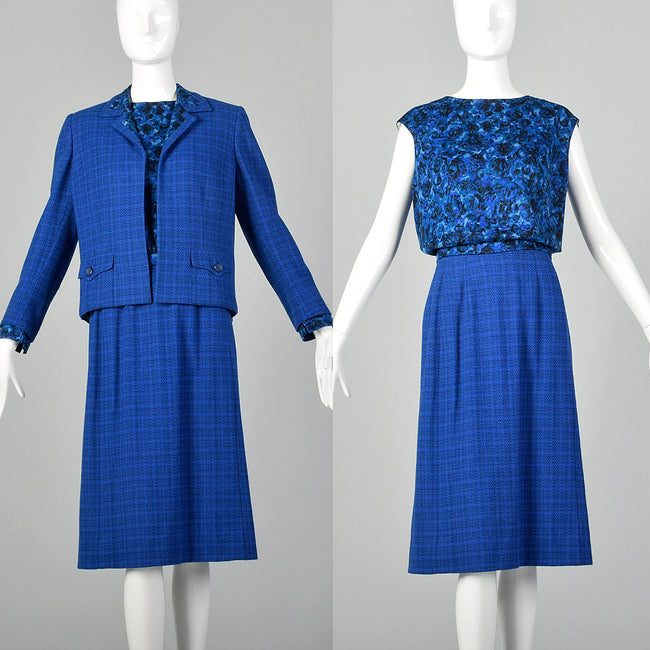 Medium 1960s Davidow Three Piece Blue Tweed Skirt Suit