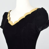 1950s Black Velvet Wiggle Dress with Gold Trim Collar