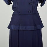 Large 1940s Dress Navy Blue Rayon Peplum Low Cut 'V' Neckline