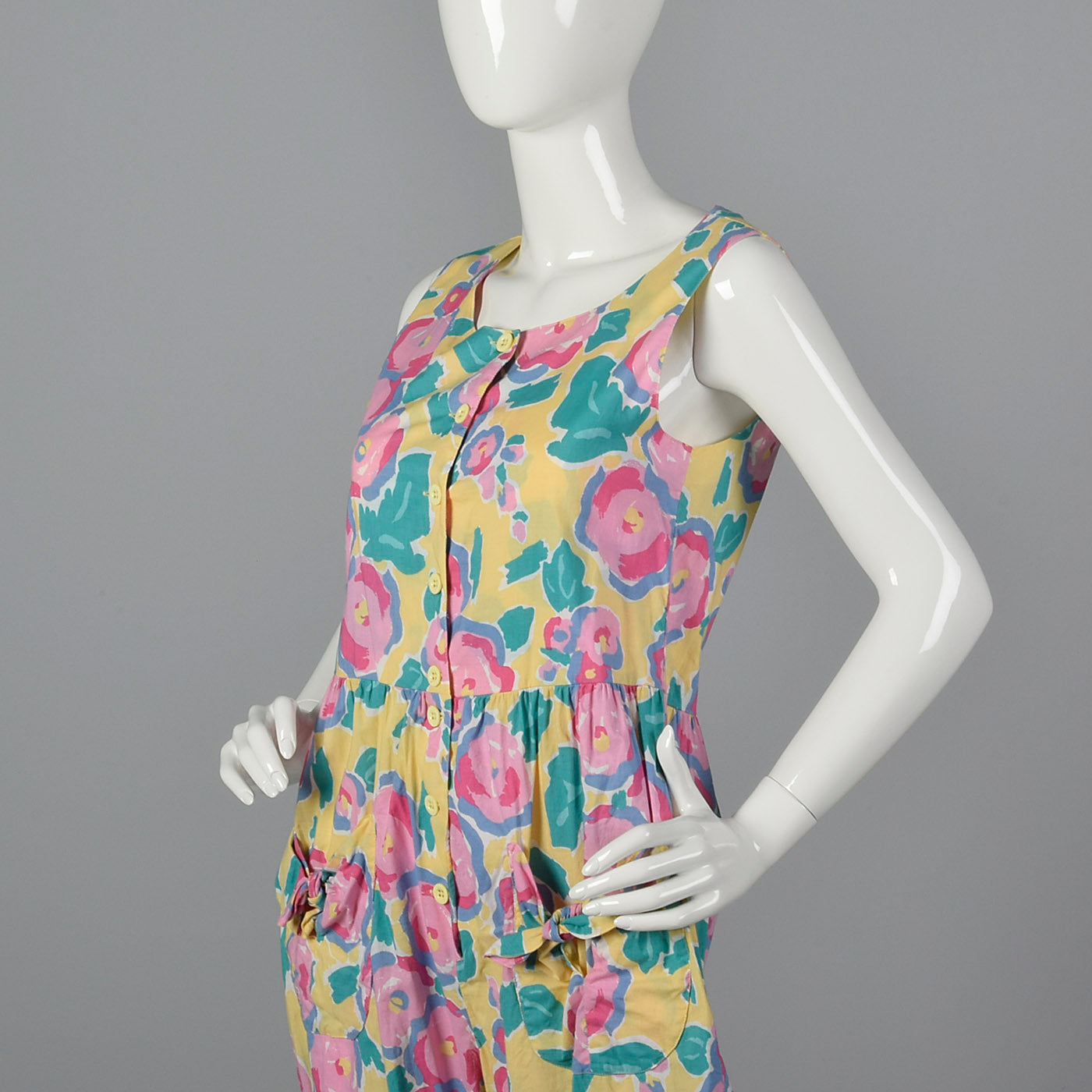 1980s Yellow Jumpsuit with a Bright Floral Print