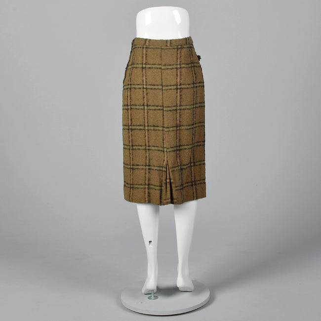 1940s Pencil Skirt in Brown and Green Windowpane Plaid