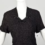 Medium 1940s Little Black Dress Beaded Art Deco Rayon Short Sleeve Peplum