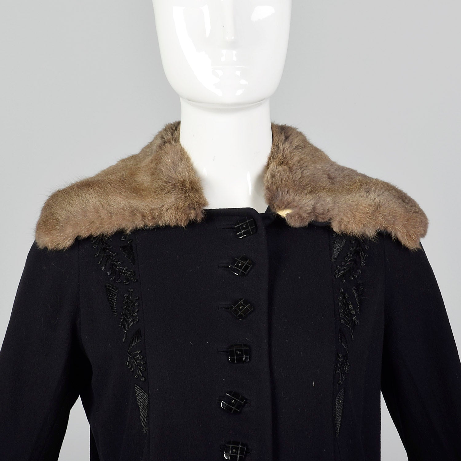 XXS 1920s Embroidered Wool Jacket with Rabbit Fur