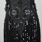Medium Bellissima Dress 1980s Silk Beaded Sheer Formal Black Sequin Keyhole Back Evening Gown
