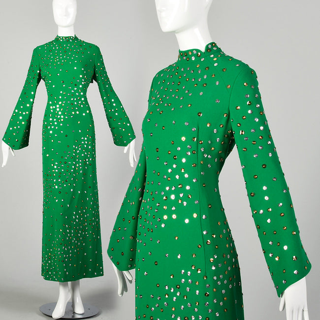 Large 1970s Pauline Trigere Dress Green Long Sleeve Formal Evening Gown Sequin