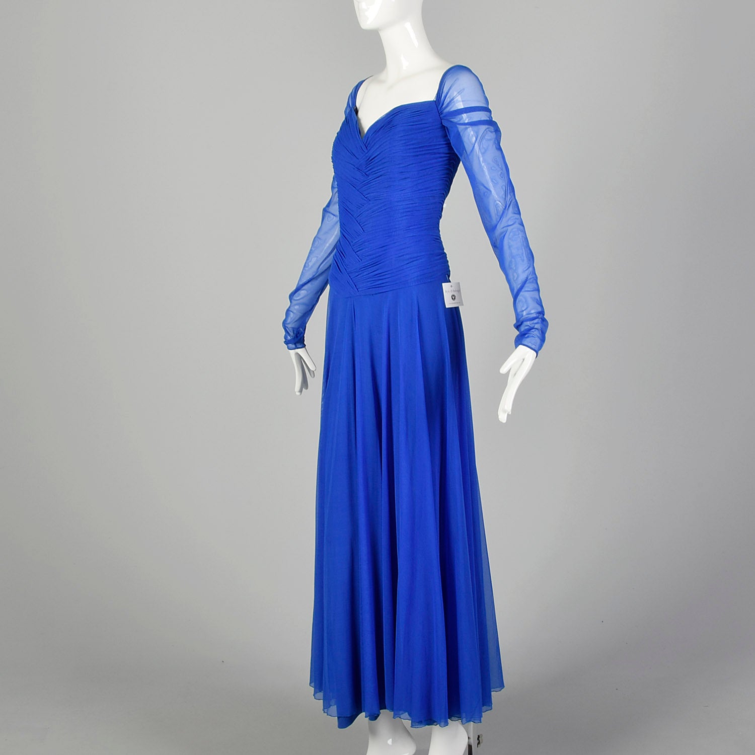 Large 1980s Dress Vicky Tiel Blue Mesh Gown Long Sheer Sleeves Ruched Bodice Sweetheart Neckline