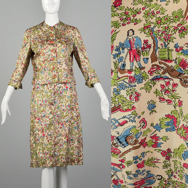 XS 1960s Silk Skirt Suit with Garden Theme Print