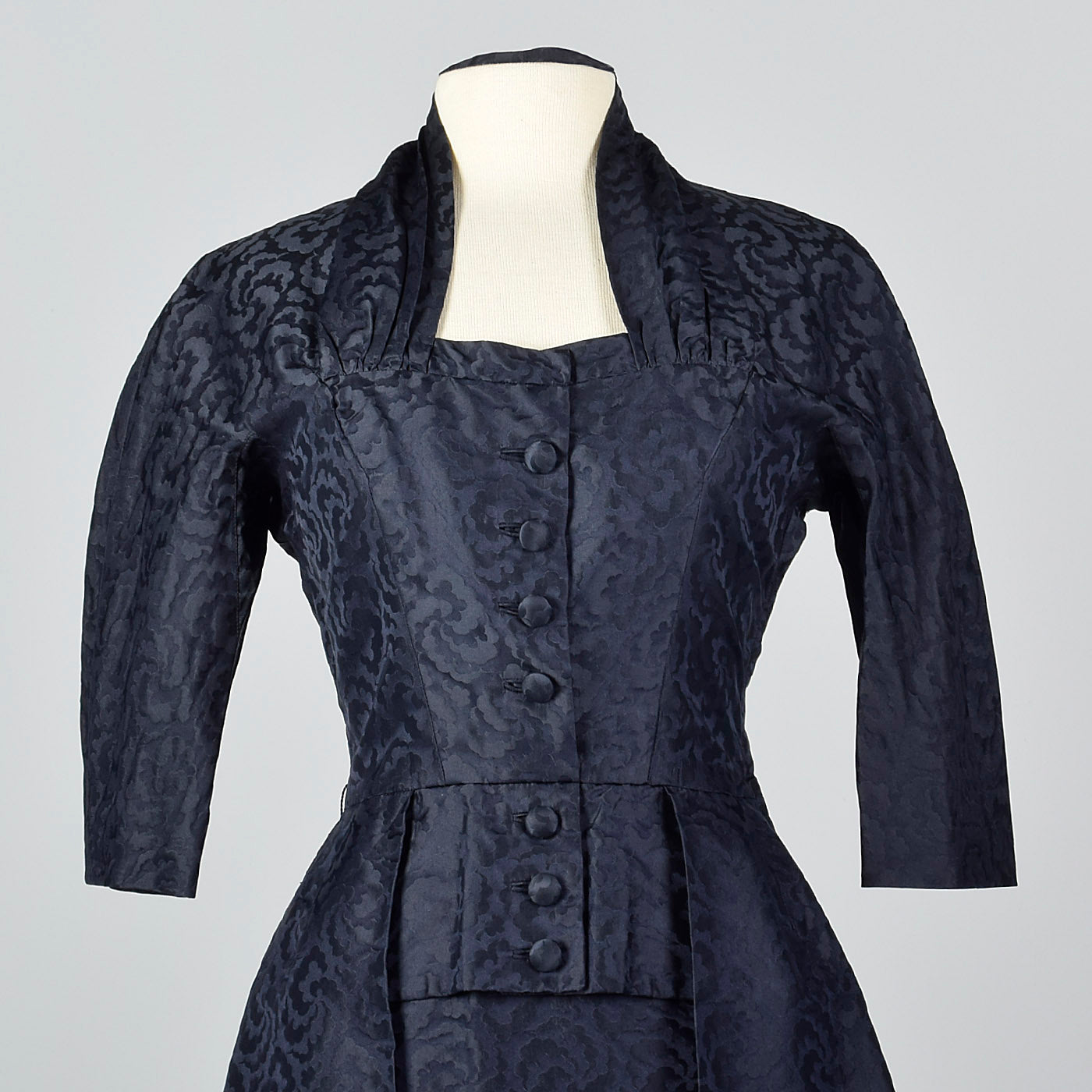 1950s Pierre Balmain Navy Blue Silk Damask Cocktail Dress