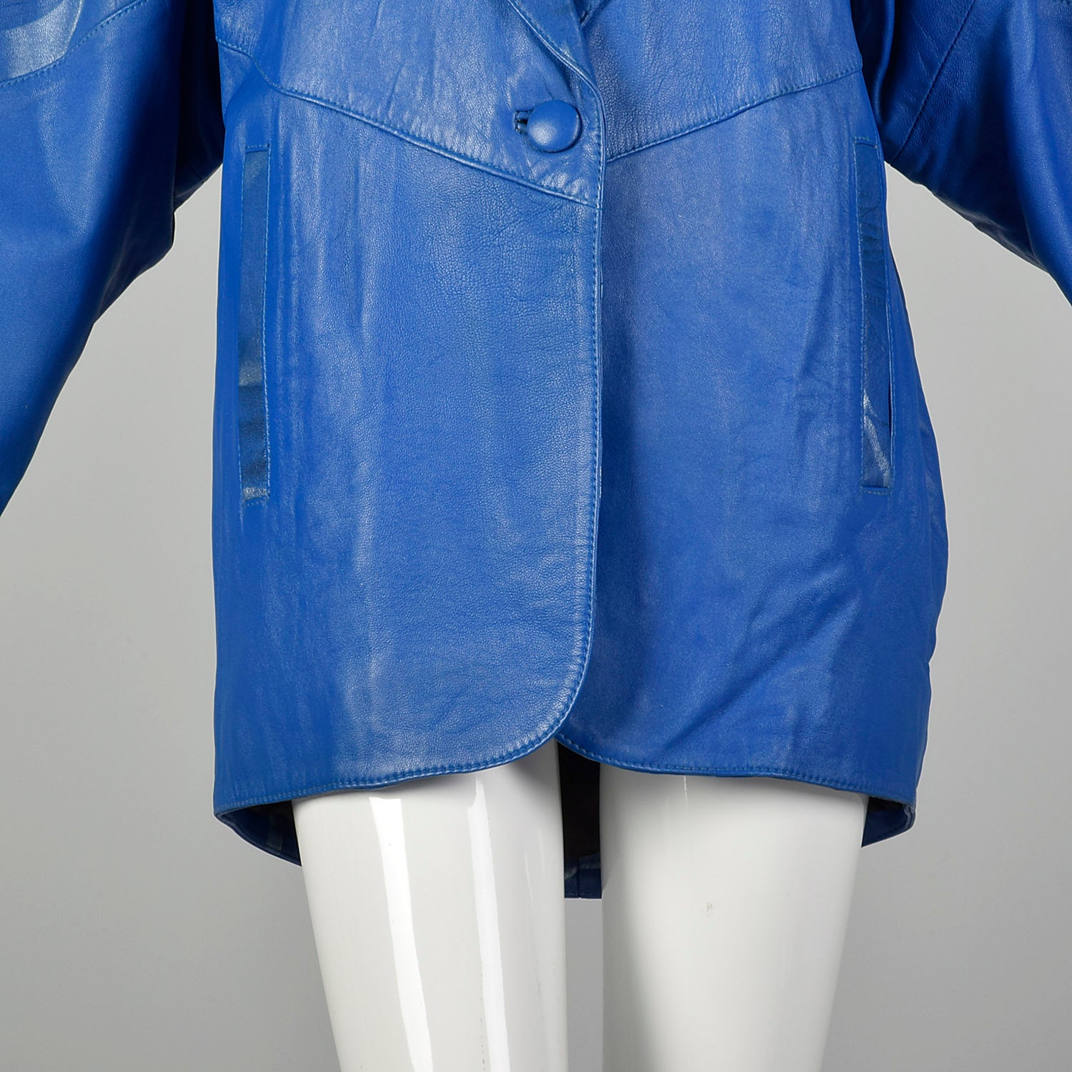 1980s Oversized Blue Leather Jacket with Batwing Sleeves