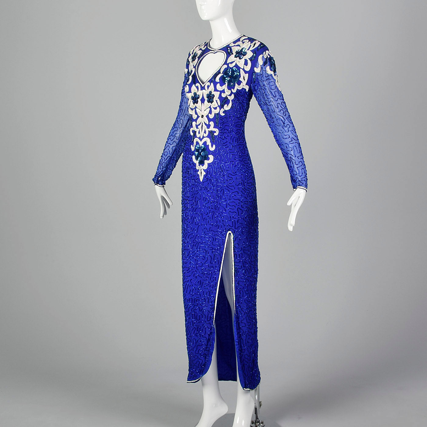 1980s Blue Beaded Evening Dress