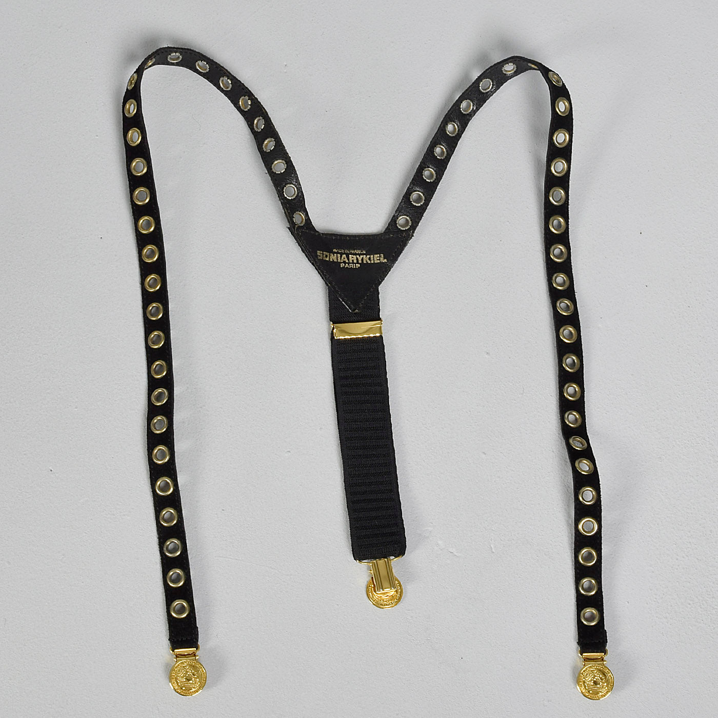 Sonia Rykiel Black Suede Suspenders with Gold Eyelets