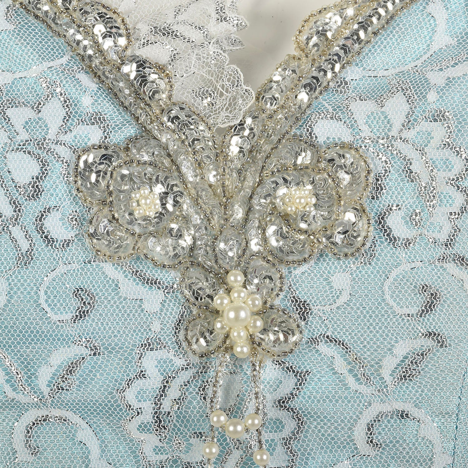 Small 1980s Blue Silver Sleeveless Layered Lace Asymmetric Calypso Mermaid Prom Dress