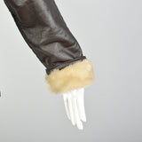 Small 2000s Beige Faux Shearling Lined Brown Leather Jacket Hooded Zip Front Biker Coat