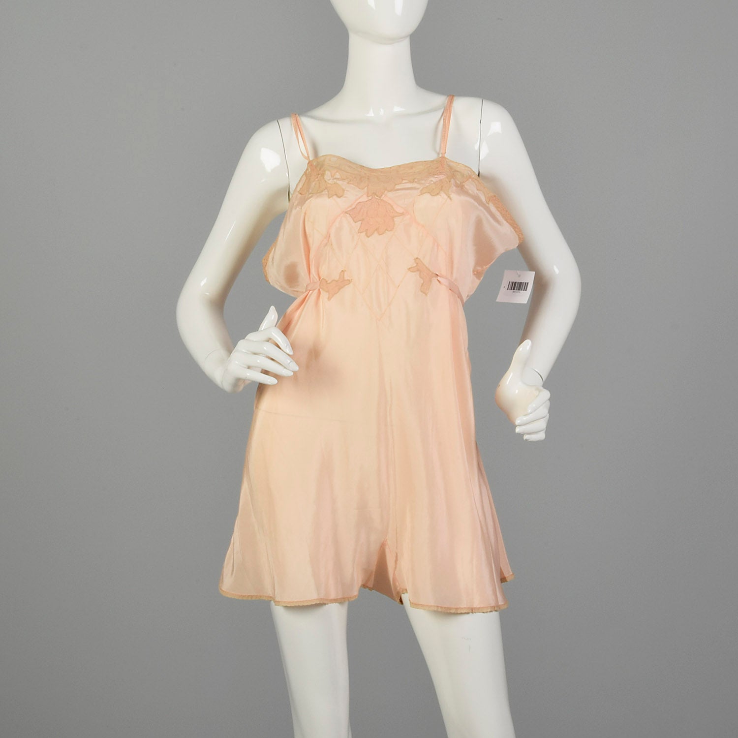 XL 1920s Step In Pink Silk Slip with Tieback Waist