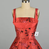 XS 1950s AS IS Red Fit & Flare Novelty Rose Print Shelf Bust Cocktail Dress