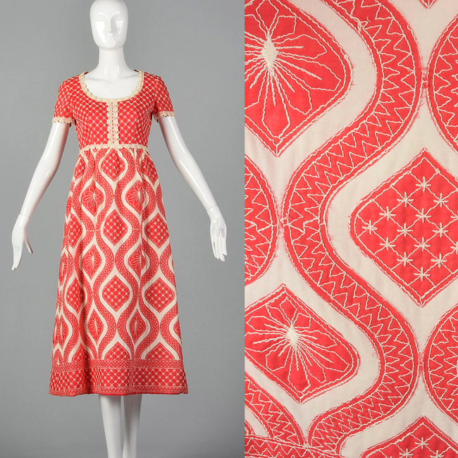 1970s Quilted Maxi Dress in Coral