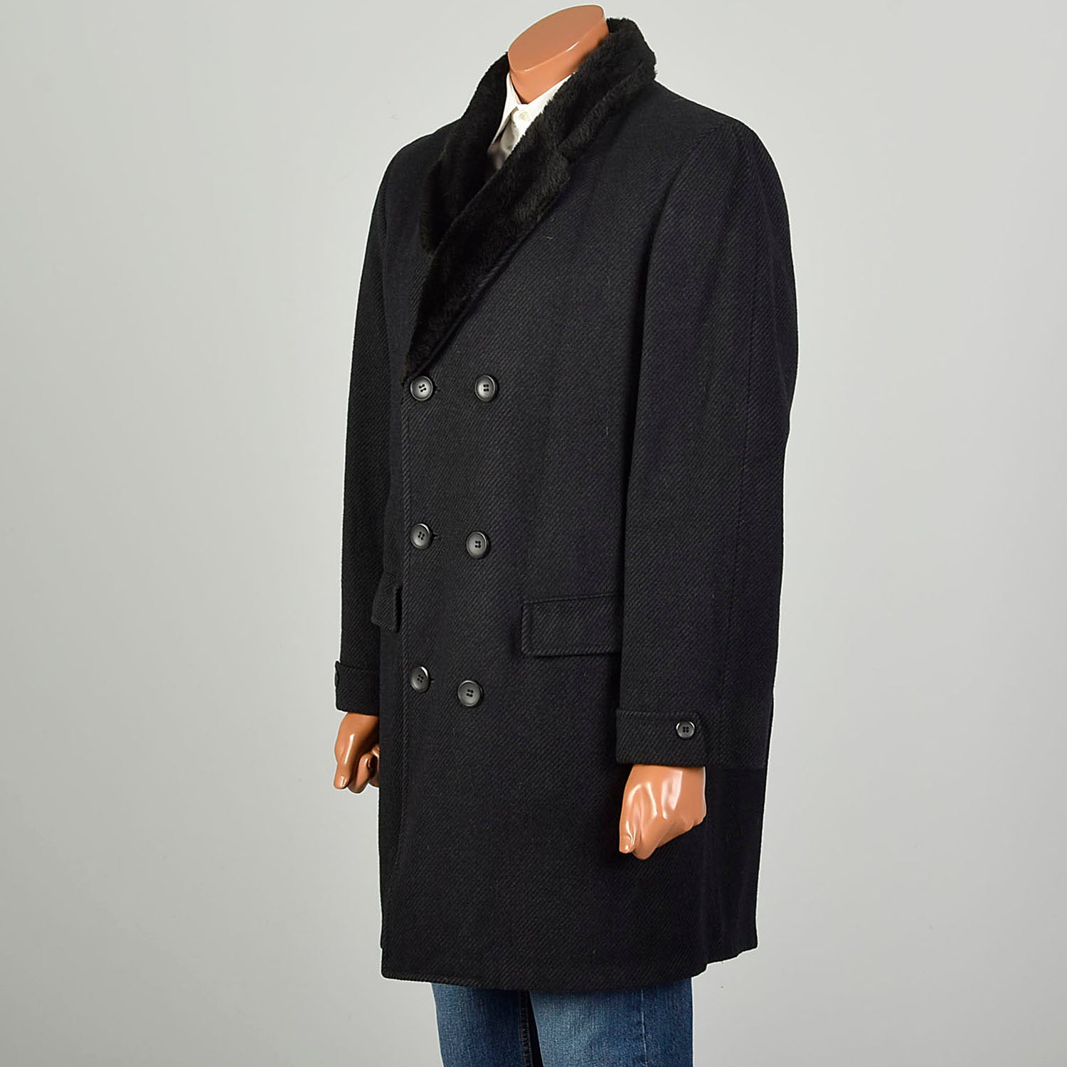 Large 1970s Coat Charcoal Black Faux Fur Double Breasted Winter