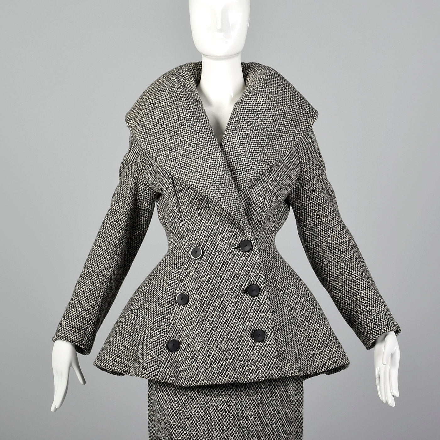 1950s Wool Tweed Skirt Suit with Sculptable Portrait Collar