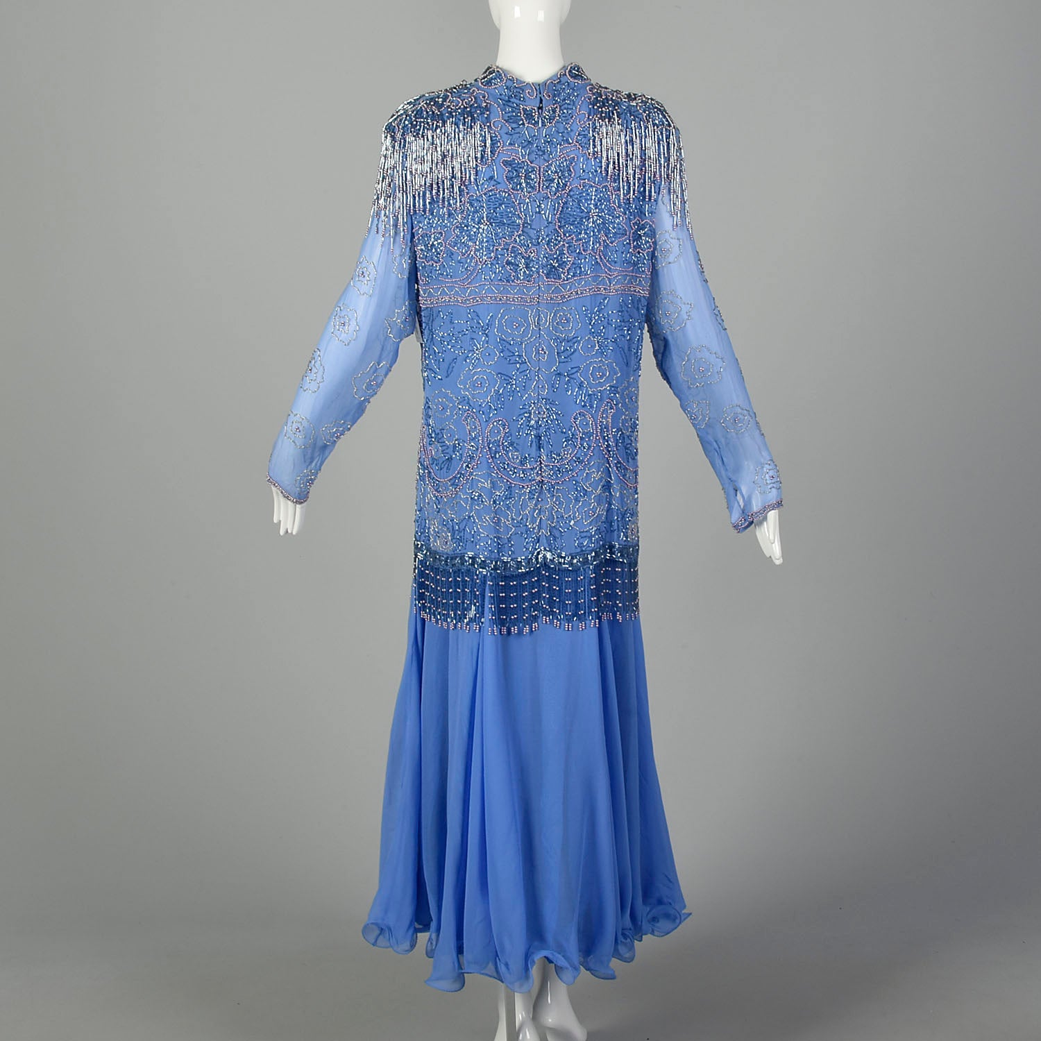 1980s Blue Silk Evening Gown Beaded Formal Dress Modest Drop Waist