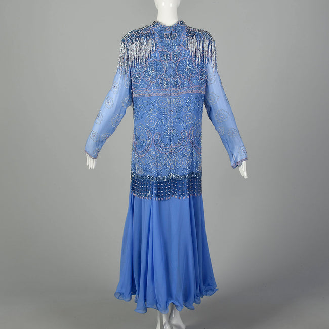 1980s Blue Silk Evening Gown Beaded Formal Dress Modest Drop Waist