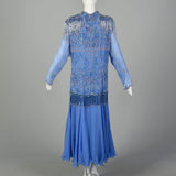 1980s Blue Silk Evening Gown Beaded Formal Dress Modest Drop Waist