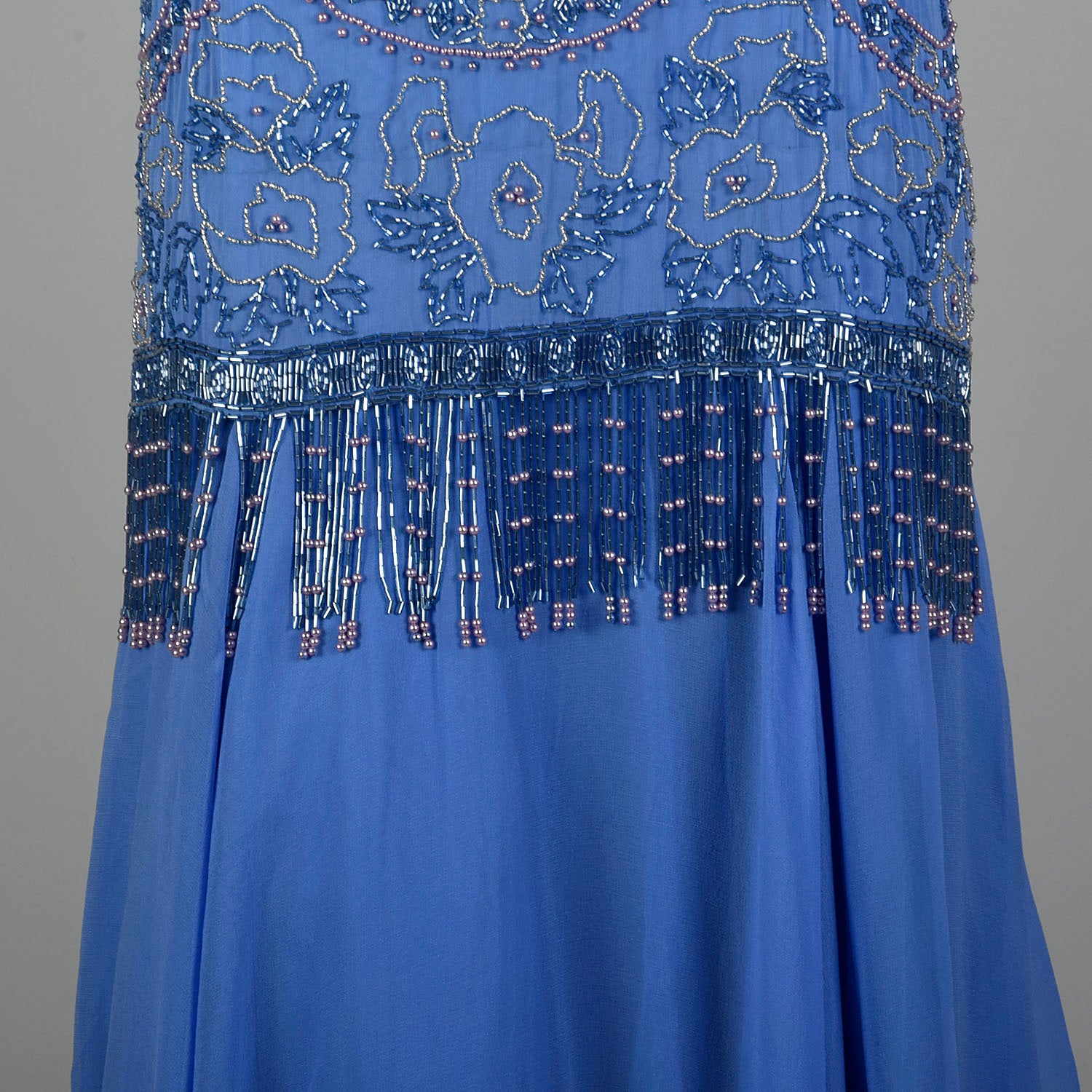 1980s Blue Silk Evening Gown Beaded Formal Dress Modest Drop Waist
