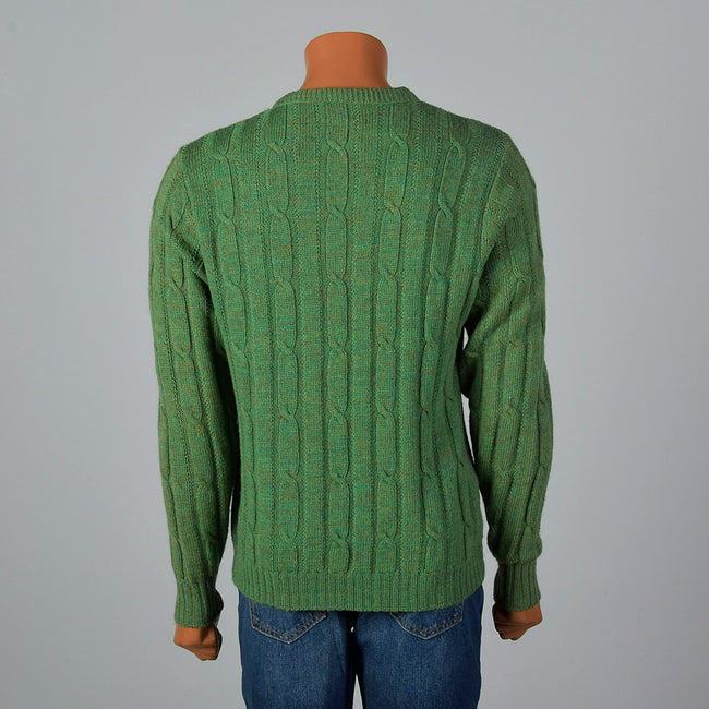1960s Mens Green and Brown Cable Knit Sweater