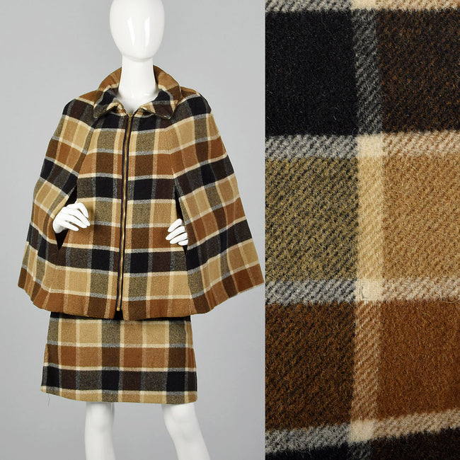 1960s Brown Plaid Skirt Suit with Cape