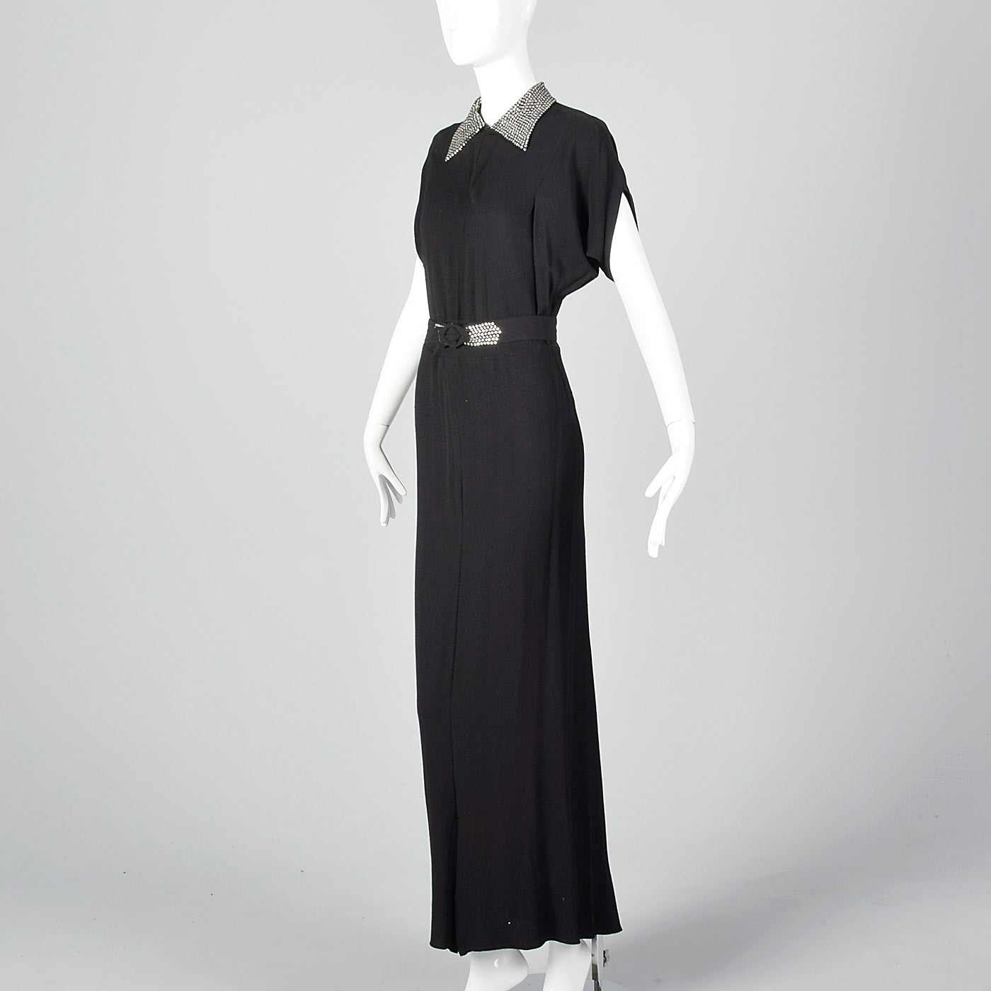 1940s Black Rayon Dress with Rhinestone Collar