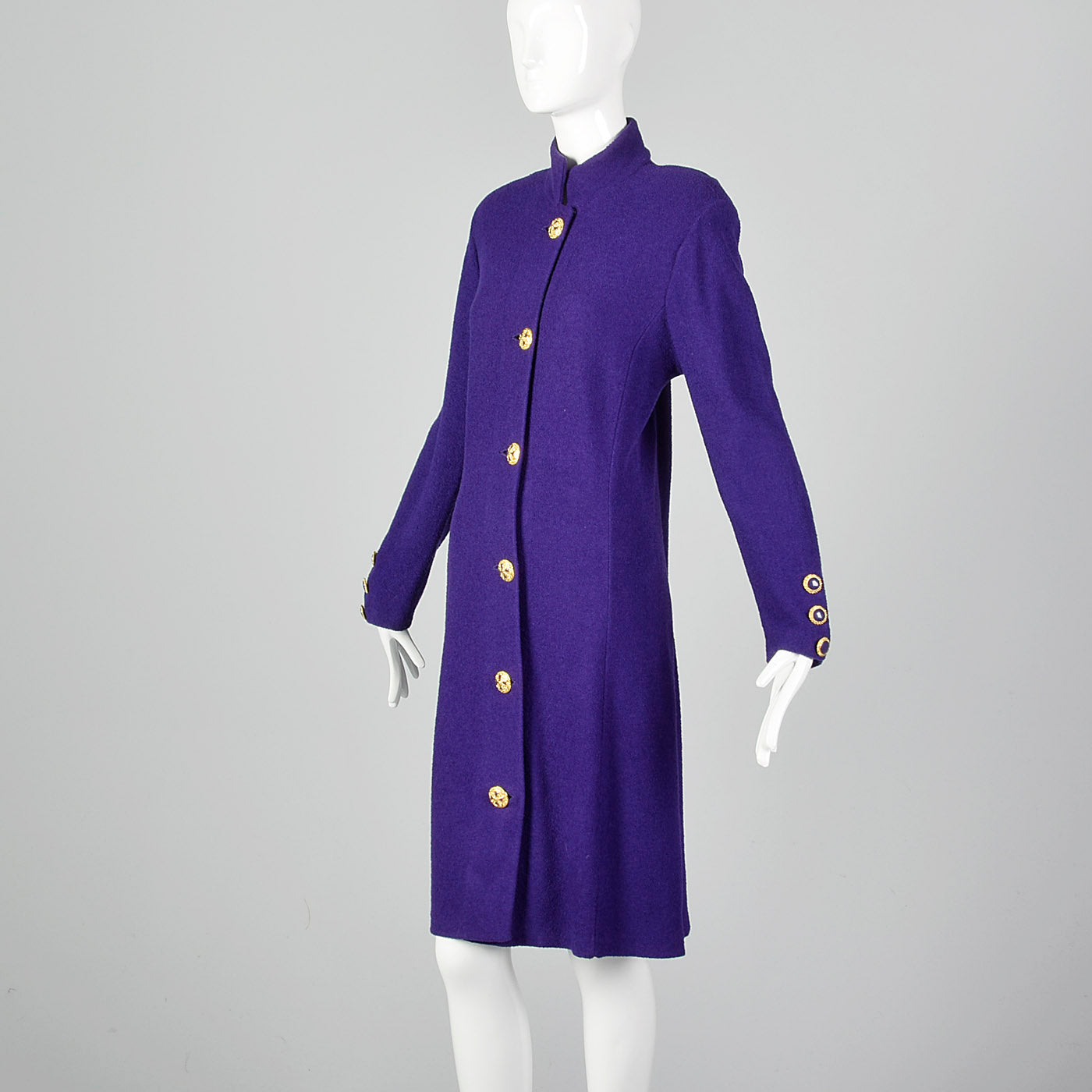 1980s St John Purple Knit Dress with Shoulder Pads and Gold Button Front