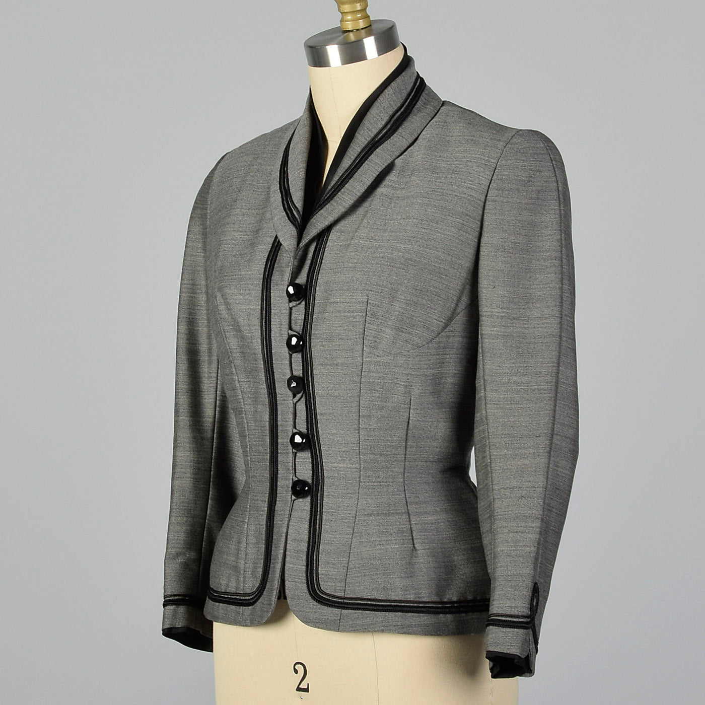 1950s Bonwit Teller Gray Fitted Blazer with Black Trim