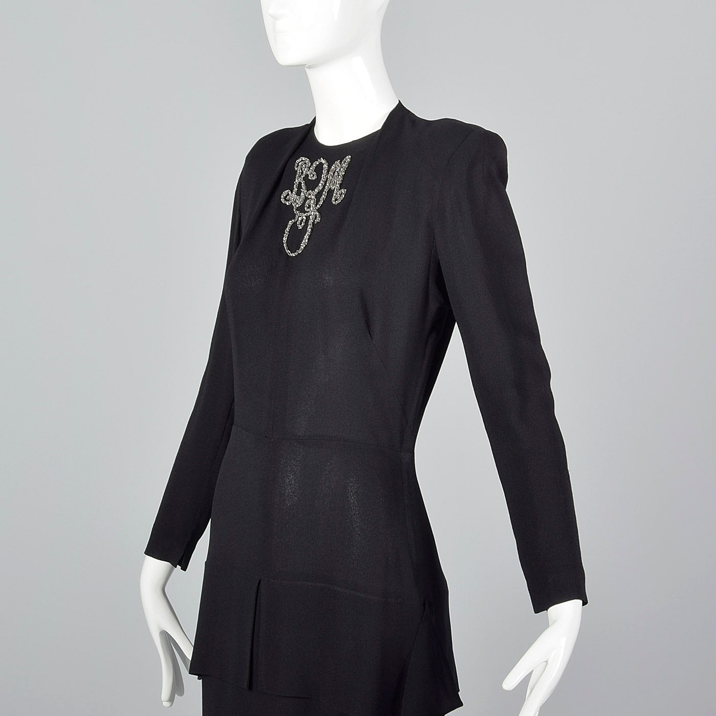 1940s Black Rayon Dress with Silver Beaded Monogram
