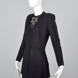 1940s Black Rayon Dress with Silver Beaded Monogram