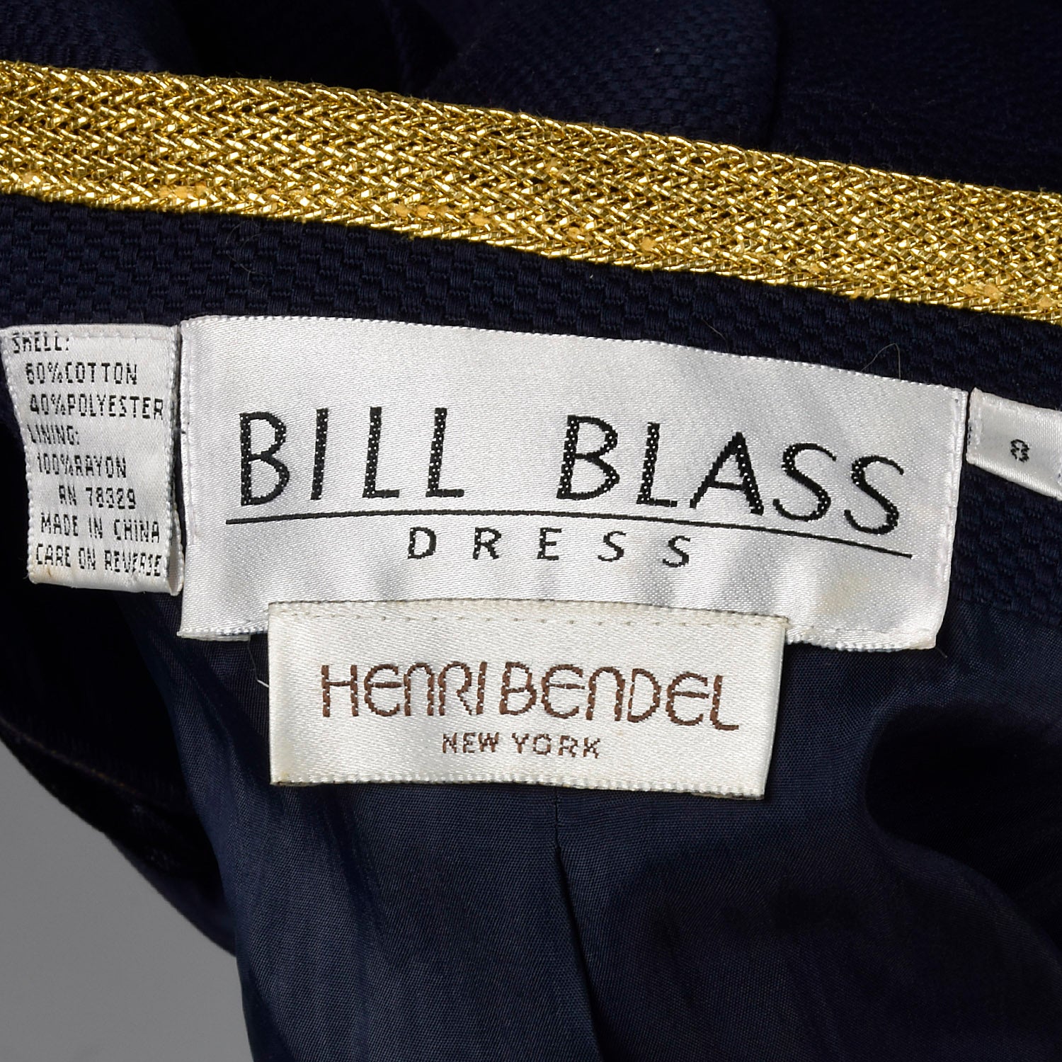 1980s Bill Blass Navy Dress with Gold Tone Metal Braided Trim