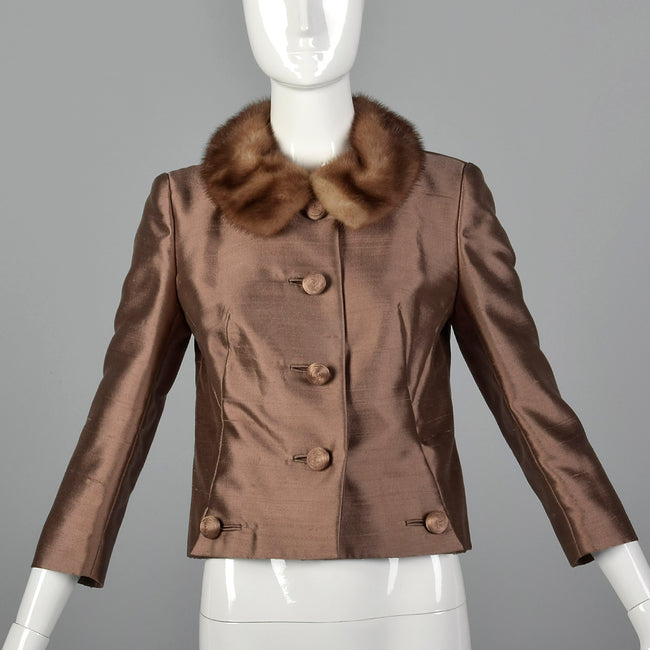 1960s Brown Silk Jacket with Fur Collar