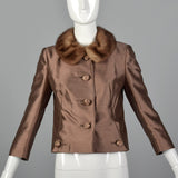 1960s Brown Silk Jacket with Fur Collar