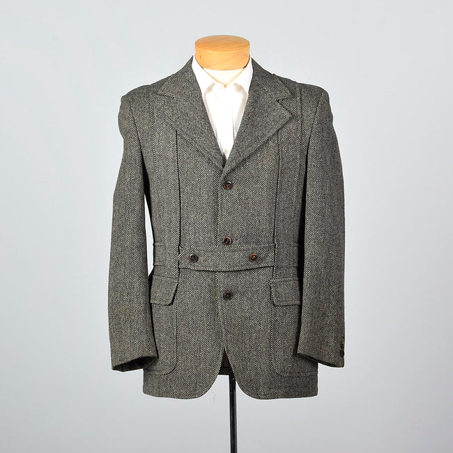 1970s Mens Herringbone Tweed Belted Norfolk Jacket