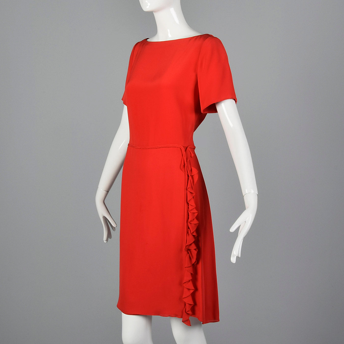 1990s Carolina Herrera Red Silk Dress with Wrap Skirt