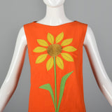 1960s Orange Shift Dress with Sunflower Applique