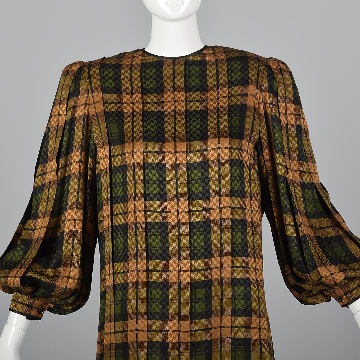 Galanos Pleated Silk Dress in Plaid with Bishop Sleeves
