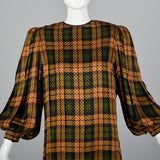 Galanos Pleated Silk Dress in Plaid with Bishop Sleeves