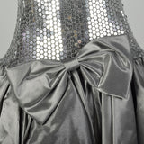 XS 1980s Silver Sequin Party Dress Bow Drop Waist Long Sleeve
