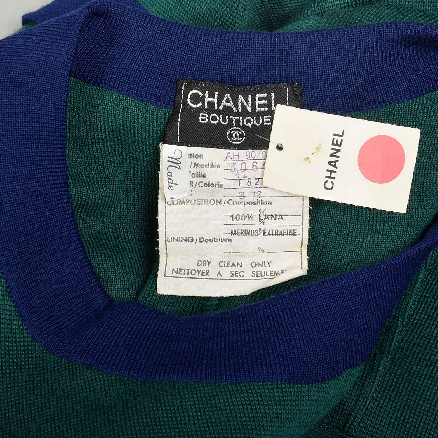 Chanel Boutique Autumn/Winter 1990/1991 Sweater Dress Green Navy Mini Long Sleeve with Tags