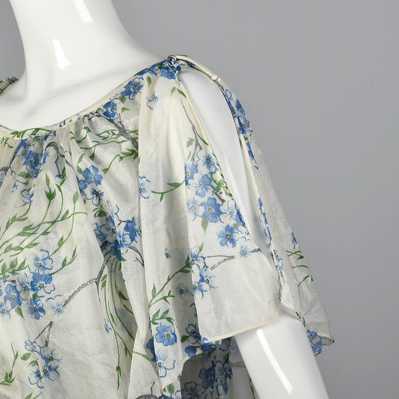 1970s Blue Floral Maxi Dress with Cold Shoulders