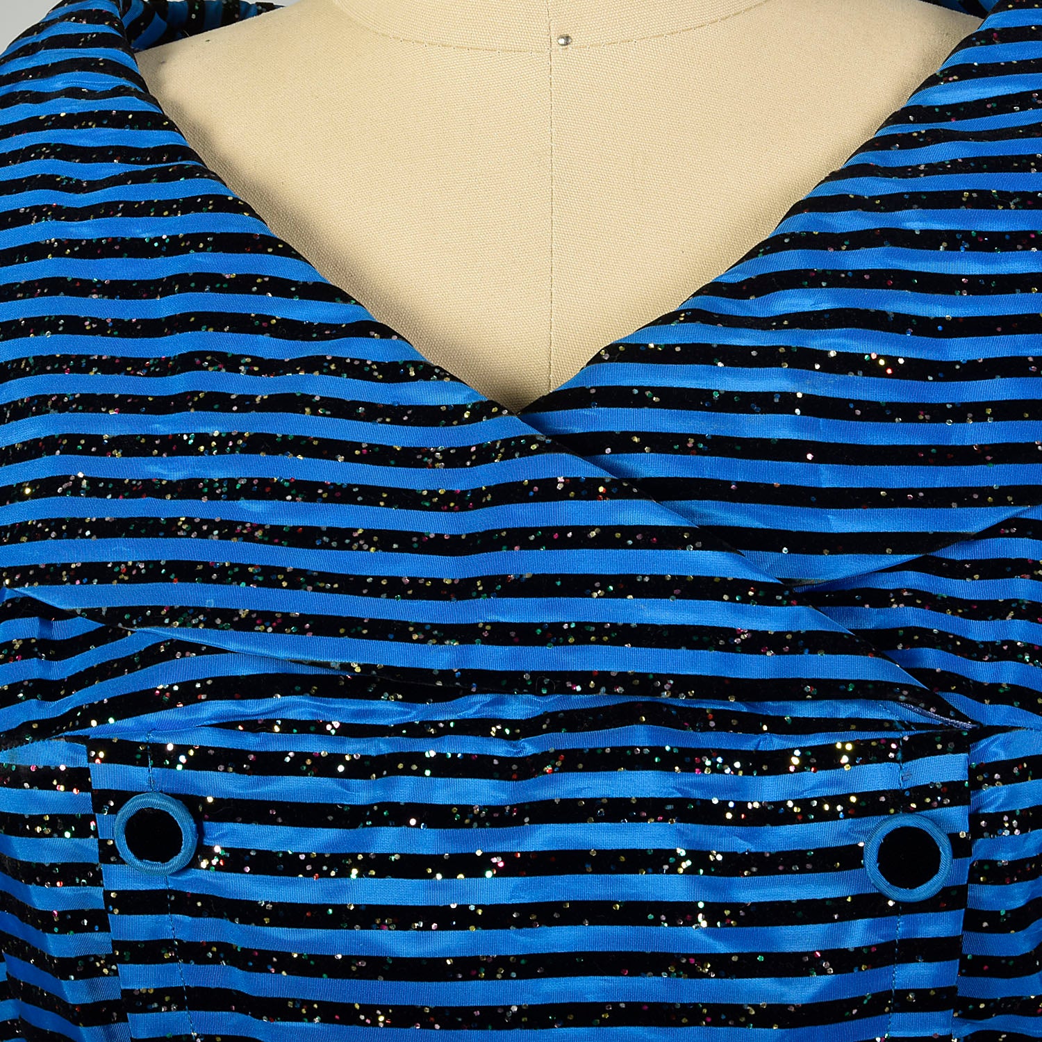 Medium 1950s Dress Blue Short Sleeve Striped Glitter Flocked Shawl Collar