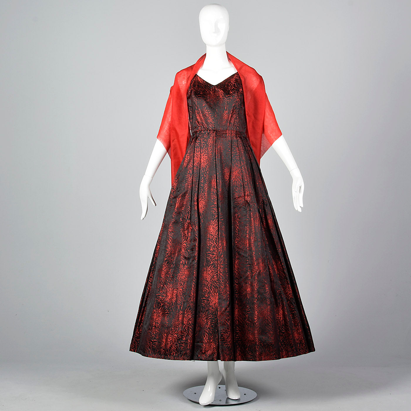 1950s Black and Red Brocade Dress