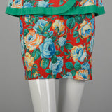 Small 1980s Off Shoulder Floral Peplum Dress Green Trim